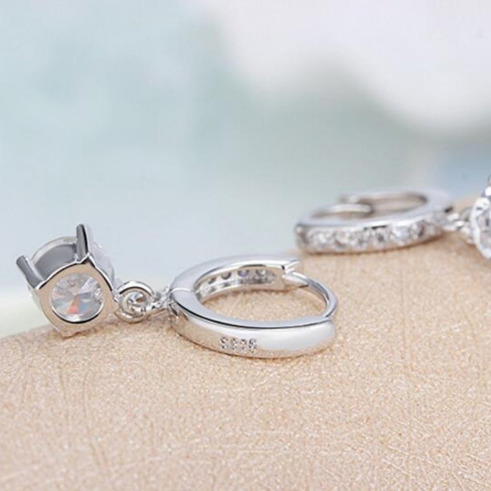 NEW Solitaire Diamond Drop Silver Hoop Earrings - Picture 7 of 9